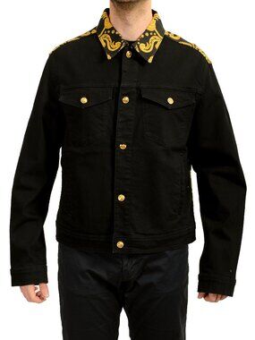 Versace Men's Black Denim Signature Print Button Down Jacket US 2XL IT 56